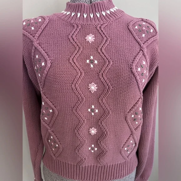Vintage Embroidered floral flower Sweater 100% cotton mauve pink purple white - Picture 12 of 12